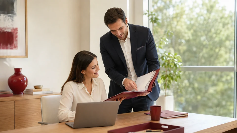 An assistant helping a colleague prepare work documents in a bright office.