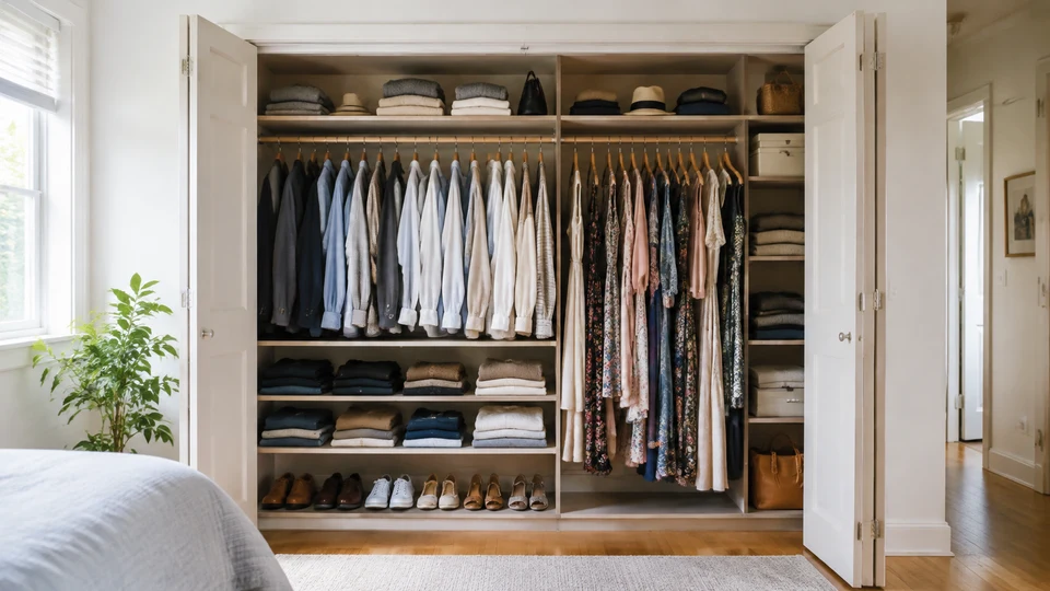 Closet: a small room or a space in a wall with a door that reaches the floor, used for storing things