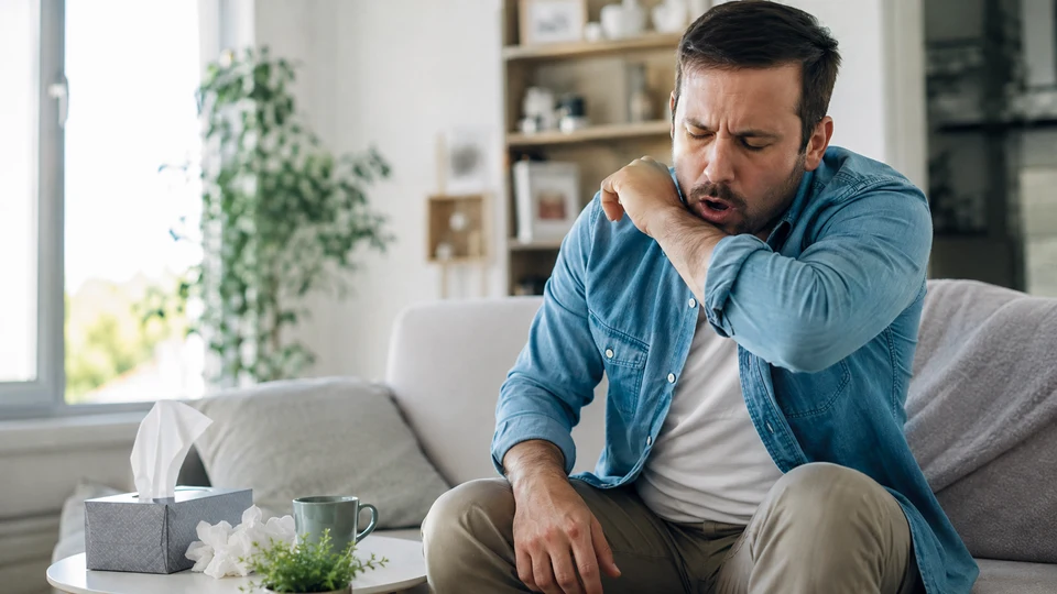 To cough: to force out air suddenly and noisily through your throat, for example when you have a cold